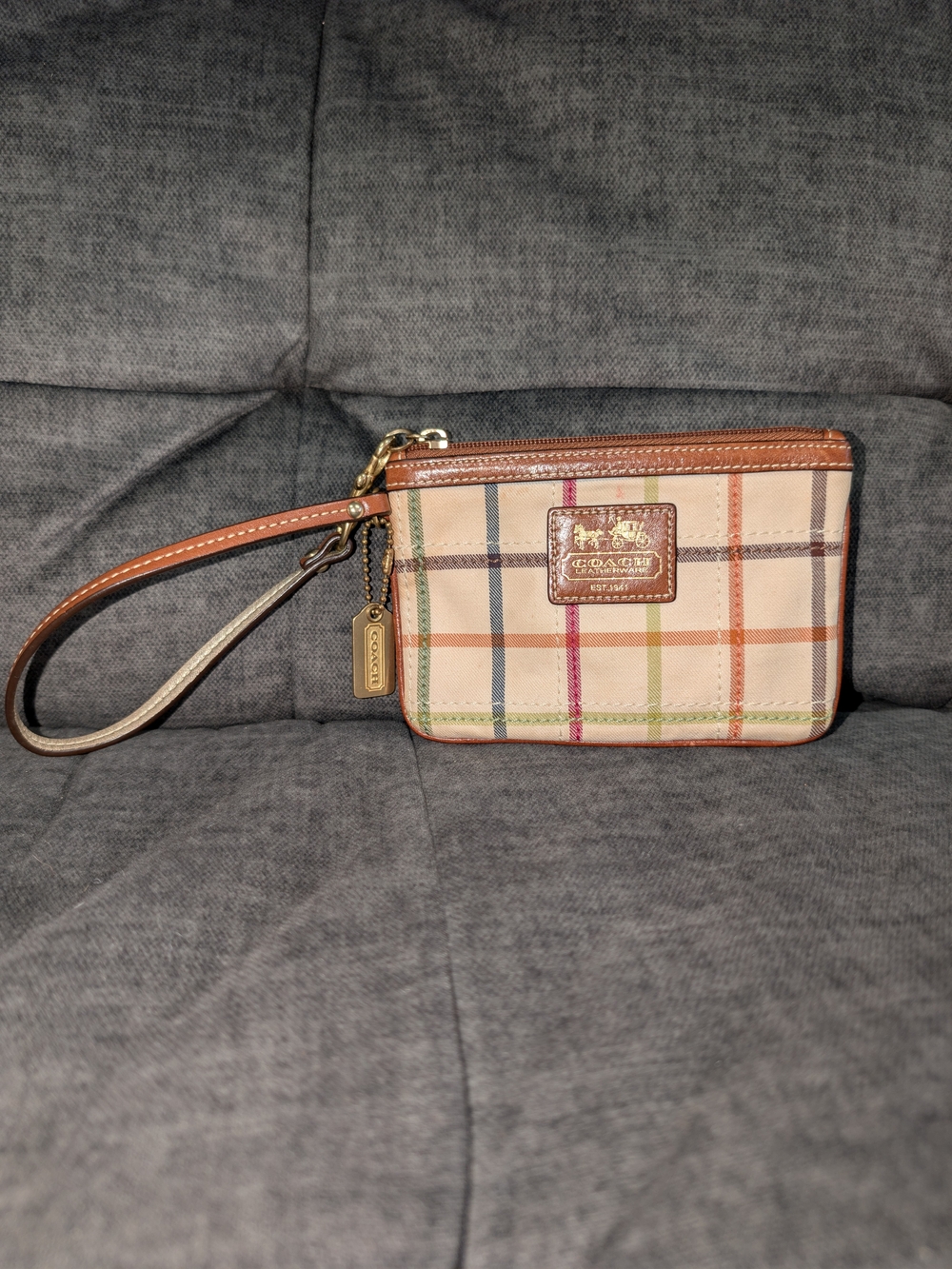 Coach Plaid Leather-Trim Wristlet in Beige with Multicolor Stripes